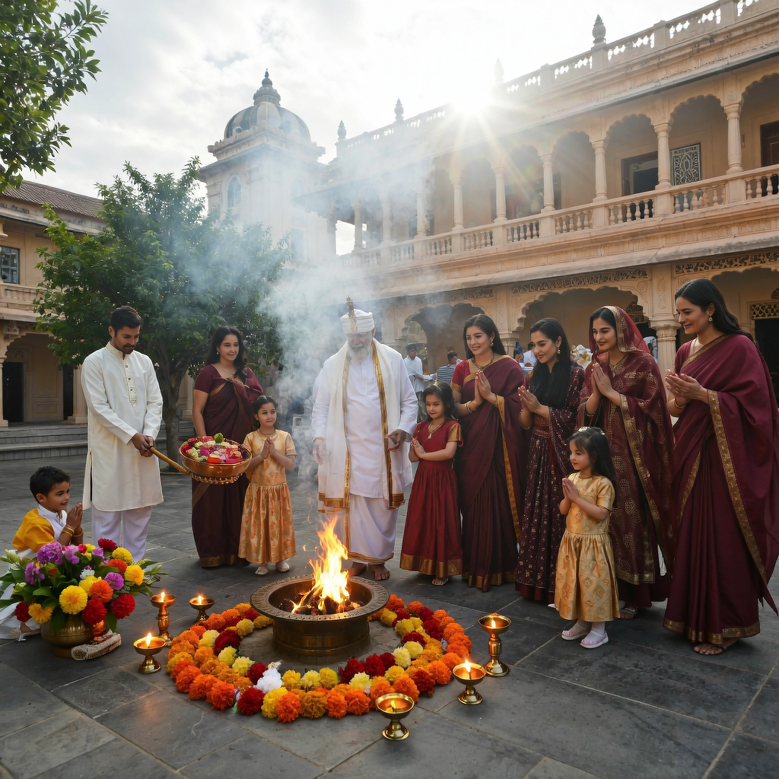 A Hindu family is performing a Pitra Shanti Puja (ancestor appeasement ritual) in an open courtyard of a traditional Indian building, possibly a temple or haveli. A priest in white robes is standing center, presiding over a small fire in a kund (fire pit) which is encircled by yellow and orange marigold flowers and small earthen diyas (oil lamps). A man in white clothing stands to the left holding a tray of offerings, while several women and young girls, mostly dressed in maroon and red traditional Indian attire, stand on the right with their hands folded in prayer (anjali mudra). Smoke is rising from the fire and bright sunlight is beaming from the upper right corner.