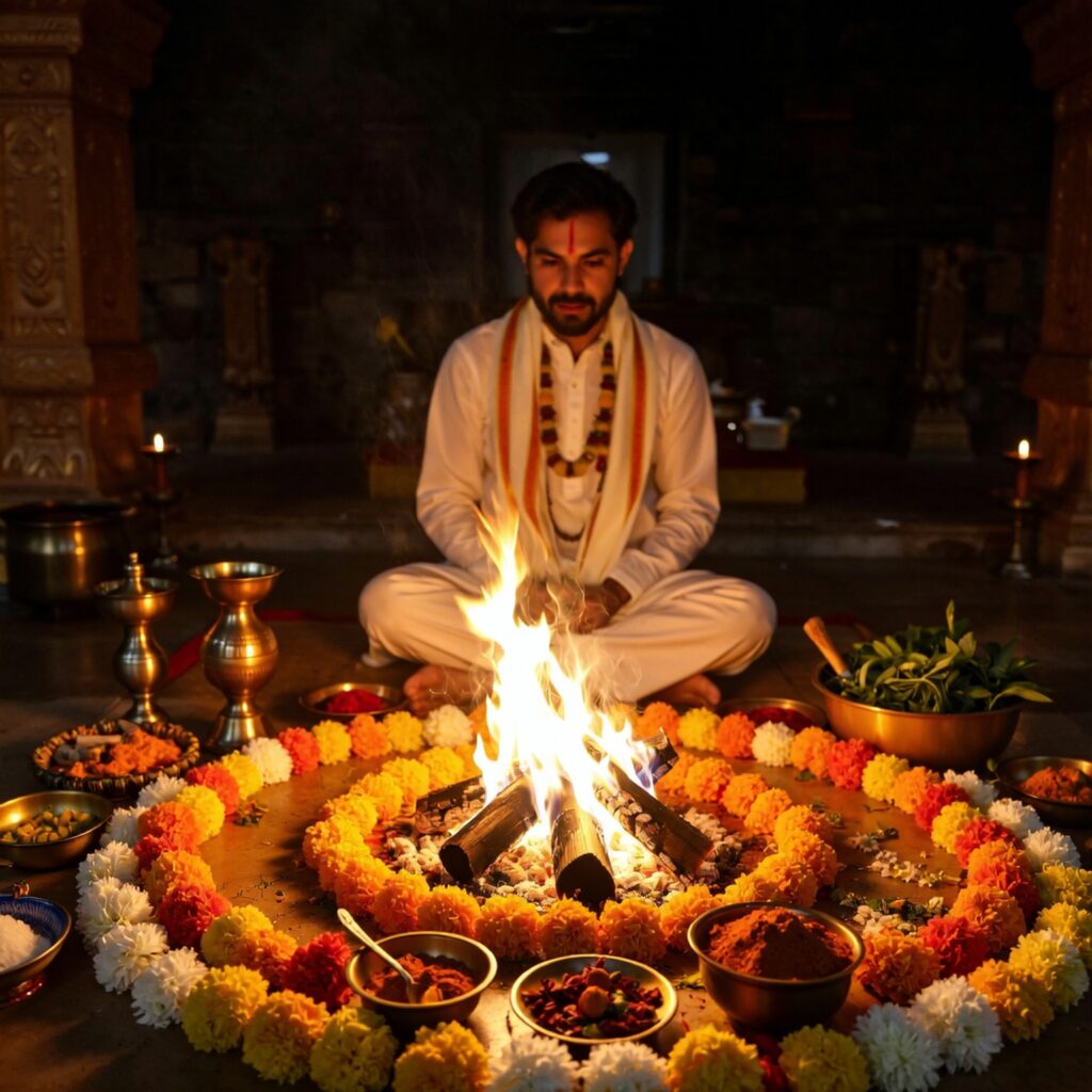 daksh sharma puja setup with havan fire and pandit performing rituals 404bf419 0f37 4f14 91a1 4473369799fb