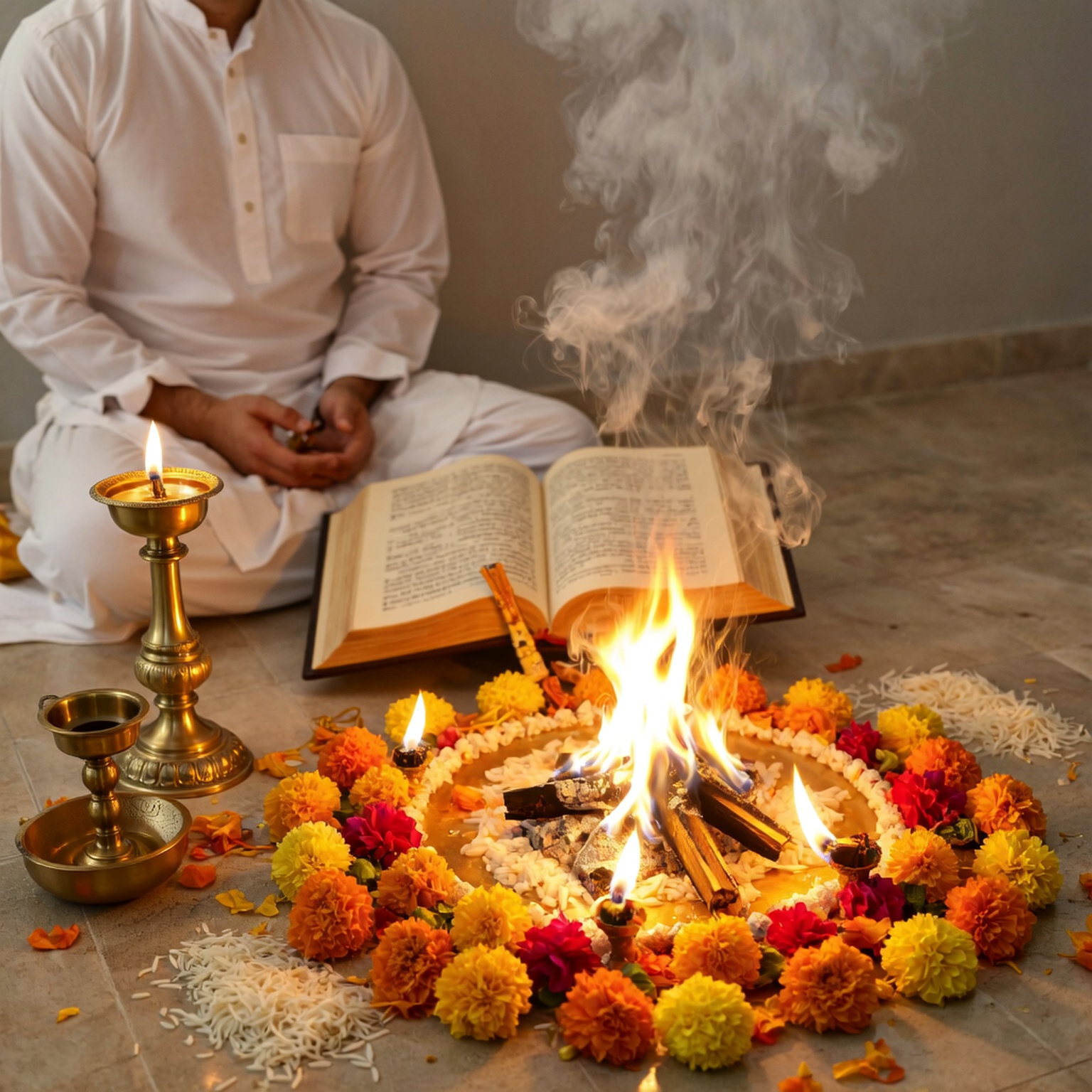 Home A medium shot of a Hindu priest, dressed in a white kurta-pajama, seated on a marble-tiled floor, performing a Pitra Dosh Shanti Havan (fire ritual) indoors. In front of him is a small, bright fire burning in a makeshift kund (fire pit) which is decorated with a circle of orange and yellow marigold flowers and loose white rice grains. An open holy book (possibly a Veda or Panchang) rests on the floor just behind the fire, and a traditional brass diya (oil lamp) on a tall stand is lit to the priest's left. Smoke rises from the fire and the priest is shown from the waist down, meditating with his hands in his lap.